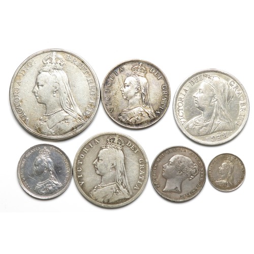 399 - Victoria Silver Coin Group (7). Crown, 1891. Two half crowns, 1887 & 1896. Florin, 1887. Two shi... 