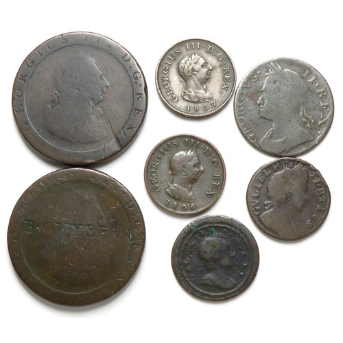 377 - Early Milled Copper (7). To include, William III farthing, 1700. George I farthing, 1724. George II ... 