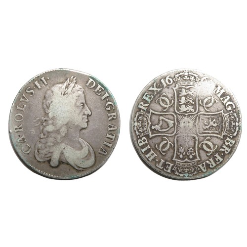 359 - Charles II Crown. Milled Coinage, 1662-85. D. NONO. 1667. Second bust. R. Crowned cruciform shields,... 