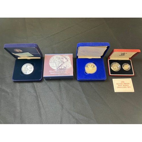 435 - UK Silver Proof Coins, Victoria Anniversary Crown, 1990 Five Pence Two-Coin set & Celebration Me... 