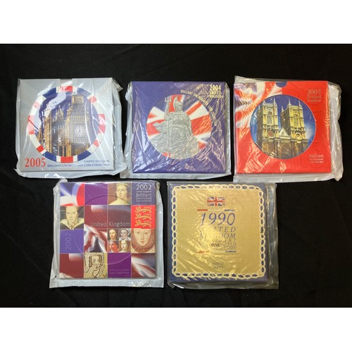 458 - Royal Mint BUNC Coin Collections x 5, 1990, 2002. 03, 04 & 2005