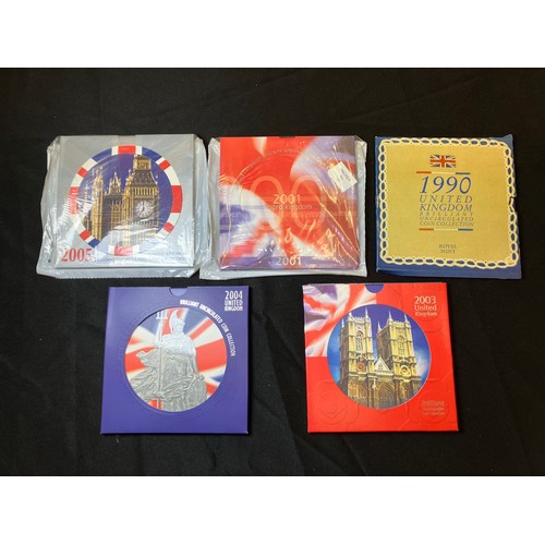 459 - Royal Mint BUNC Coin Collections x 5, 1990, 2001, 03, 04 & 2005