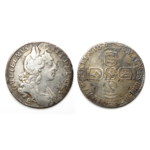 365 - William III Sixpence, Exeter 1696. Silver, 21mm, 3.04g. First draped bust right, E below. R. Crowned... 