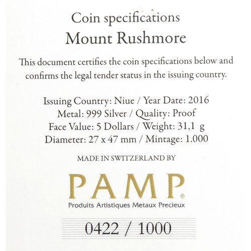 445 - Mount Rushmore silver bar. PAMP $5 31.1g of .999 silver. Number 422 from a limited mintage of 1000. ... 