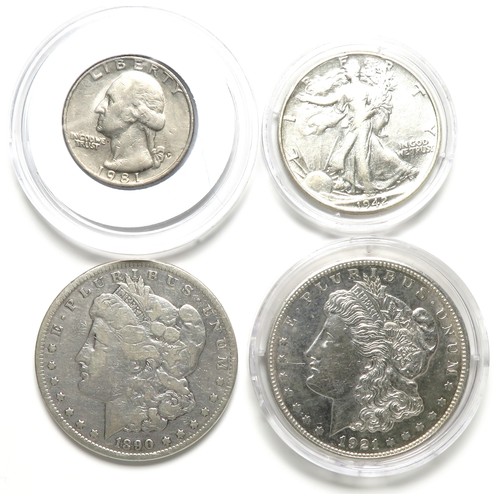 449 - USA Coin Group (4). To include, 1890 Morgan dollar. Carson City, 1921 Morgan dollar. Denver, 1942 Li... 