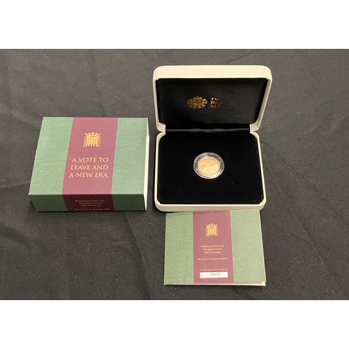 408 - Royal Mint, BUNC Gold Sovereign. A Vote To Leave And A New Era. Struck on 31 January 2020. Plain edg... 