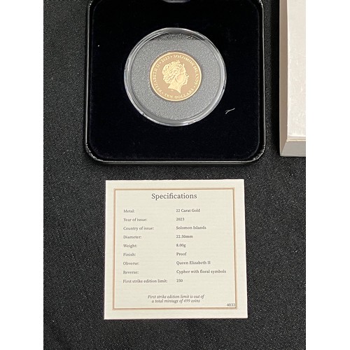 409 - 2023 Queen Elizabeth II Coronation Anniversary Quarter-Ounce Gold Proof Coin. First Strike, no.250/4... 