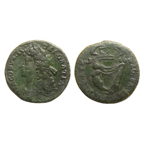 362 - James II Irish Halfpenny. Regular coinage, 1686. Copper, 27mm, 6.8g. Laureate and draped bust left. ... 