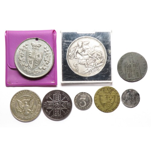 379 - Milled coin and token group (8). Victoria crown & florin. George III threepence and other UK tok... 