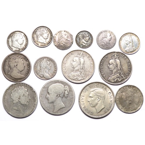 378 - Milled Silver Coin Group (14). William III sixpence 1696. George III Crown, shillings and sixpences ... 