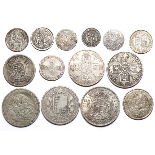 378 - Milled Silver Coin Group (14). William III sixpence 1696. George III Crown, shillings and sixpences ... 