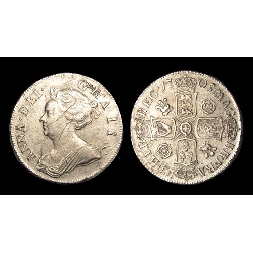 367 - Anne Shilling. Silver, 5.85g. 25 mm. Second draped bust. Roses and plumes in angles. 1705. Ref: Spin... 