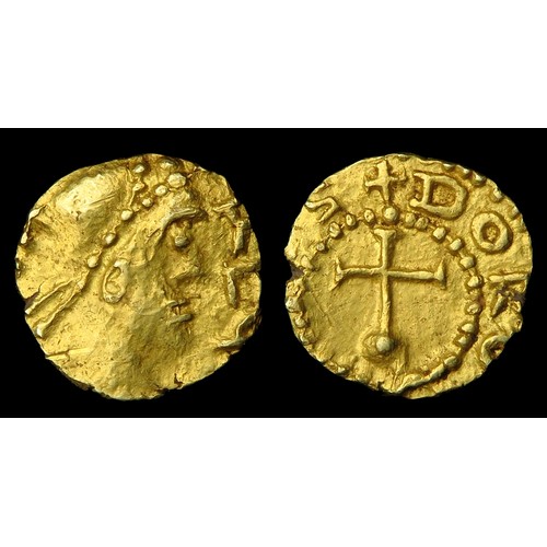 Eadbald of Kent Gold Shilling (‘thrymsa’). Early England AD 616-640. Gold, 1.29g. [NV]? AL[D /REG], around a diademed bust, right. R. +DORO[VERNI]S, around a cross pattee on a globe, beaded inner-circle. Canterbury mint. Ref: Article by T. Abramson. https://britnumsoc.files.wordpress.com/2023/04/351-a-second-canterbury-gold-shilling-of-eadbald.pdf