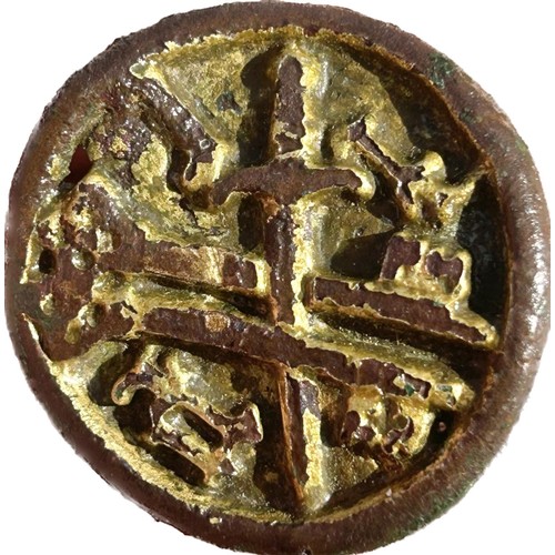 77 - Medieval Gilded Heraldic Mount. Circa 15th century AD. Copper-alloy, 13.59g. 35 mm. A gilded circula... 