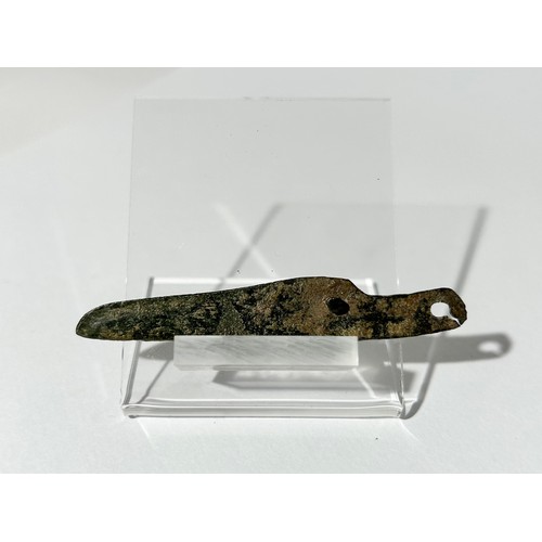 53 - Iron Age Bronze Blade. Circa 1st century BCE. Copper-alloy, 70mm x 11mm 6.49 grams. A scarce folding... 