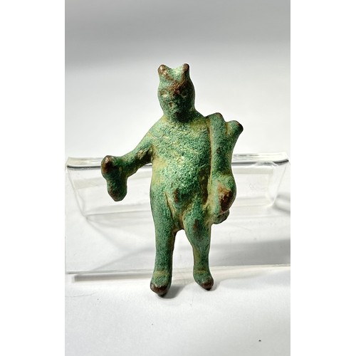 87 - Roman Bronze Mercury Figurine. Circa 2nd-3rd century CE. Copper-alloy, 48mm x 29mm 31.34g. A small d... 