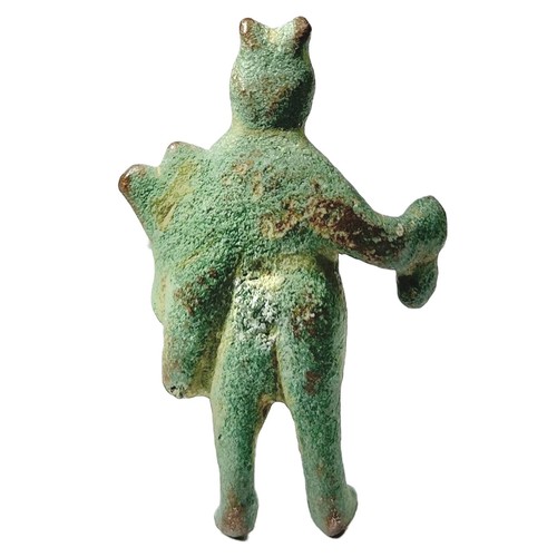 87 - Roman Bronze Mercury Figurine. Circa 2nd-3rd century CE. Copper-alloy, 48mm x 29mm 31.34g. A small d... 