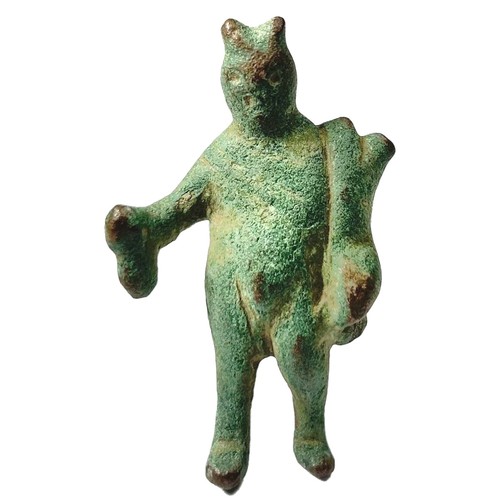 87 - Roman Bronze Mercury Figurine. Circa 2nd-3rd century CE. Copper-alloy, 48mm x 29mm 31.34g. A small d... 