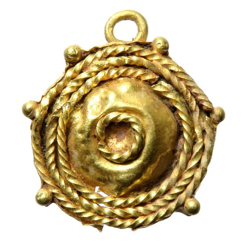 88 - Roman Gold Pendant. Circa 3rd century CE. 17mm x 15mm 1.39g. A circular pendant formed of three conc... 