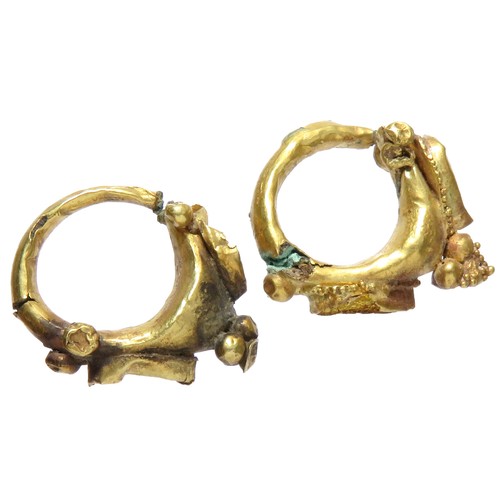 89 - Roman Gold Earrings. Circa 3rd-4th century CE. 16mm x 15mm, 2.02g. A pair of ornate earrings decorat... 