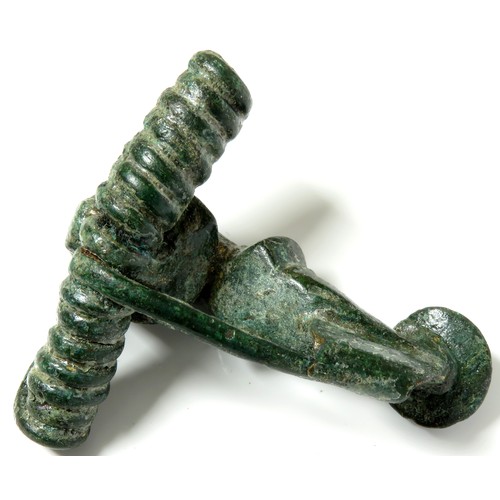 84 - Roman bronze fibula. Circa 1st century CE. Copper-alloy, 47mm x 43mm, 28.9g. A trumpet type with a l... 