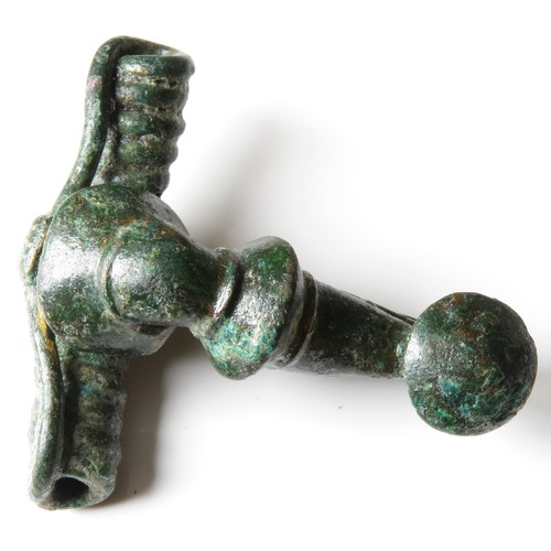 84 - Roman bronze fibula. Circa 1st century CE. Copper-alloy, 47mm x 43mm, 28.9g. A trumpet type with a l... 