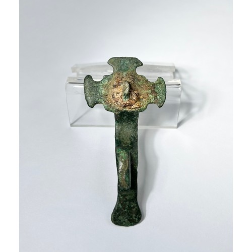 118 - Anglo Saxon Brooch. Circa 6th century CE. Copper-alloy, 70mm x 30mm 22.33 grams. A complete crucifor... 