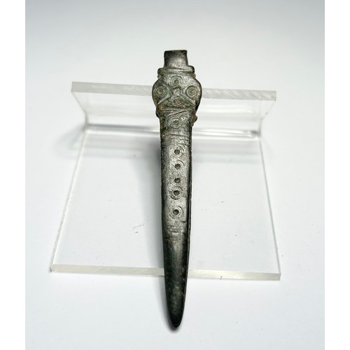 122 - Anglo-Saxon Tweezers. Circa 6th-8th century CE. Copper-alloy, 66mm x 5mm 7.99 grams. Decorated on bo... 