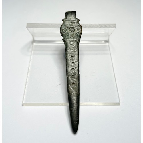 122 - Anglo-Saxon Tweezers. Circa 6th-8th century CE. Copper-alloy, 66mm x 5mm 7.99 grams. Decorated on bo... 