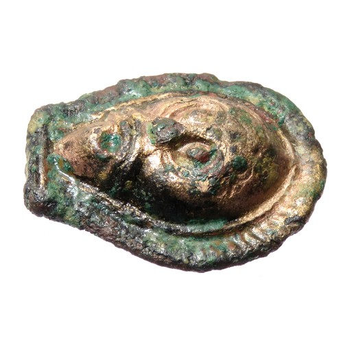 125 - Anglo-Saxon Gilt Face Mount. Circa 6th-7th century CE. Copper-alloy, 25mm x 6mm 7.48g. A heavily gil... 