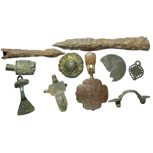 144 - Roman, Anglo-Saxon and Medieval artefact group to include two iron arrowheads, Roman and Saxon brooc... 