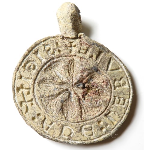 145 - Lead seal matrix. Circa 13th century AD. 47mm, 49.8g. A round seal with the legend, +SIGIL:+ ADE LEB... 