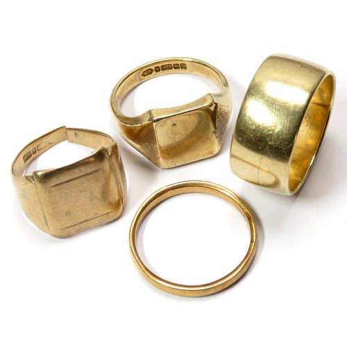 159 - Four gold rings, three hallmarked 9ct, total weight 24.4g. Two signet type rings, un-engraved and tw... 