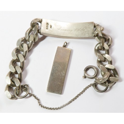 161 - Silver ID bracelet and ingot pendant, both hallmarked. 120.9g in total