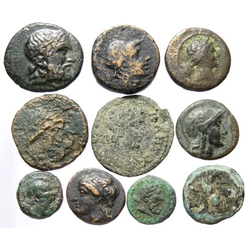 168 - Ancient Coin Group (10). Circa 3rd BCE- 3rd CE. Copper-alloy, 11 mm -22 mm. Greek issues from, Pisid... 