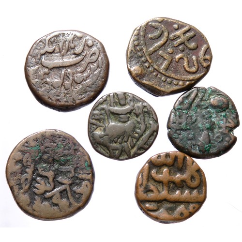 213 - Indian Coin Group (6). Circa 10th - 18th century CE. Copper-alloy, 17 mm - 21 mm. Issues include, Ka... 