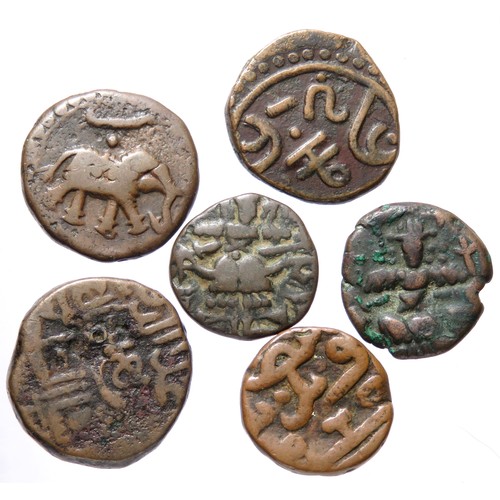 213 - Indian Coin Group (6). Circa 10th - 18th century CE. Copper-alloy, 17 mm - 21 mm. Issues include, Ka... 