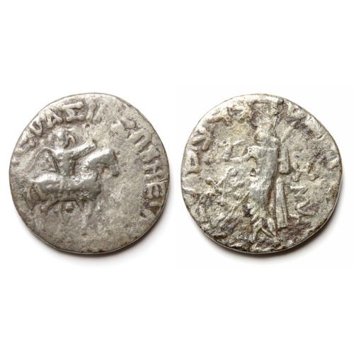 197 - Indo-Scythians Tetradrachm, Azes II. Circa 20-1 BC. Silver. King, holding whip, mounted on horse wal... 