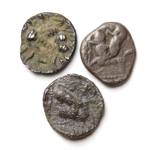 192 - Ancient Greek Silver Obols (3). Circa 5th-3rd century BCE. 0.7 - 0.9 grams. 10mm - 11mm. Issues of R... 