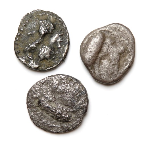 192 - Ancient Greek Silver Obols (3). Circa 5th-3rd century BCE. 0.7 - 0.9 grams. 10mm - 11mm. Issues of R... 