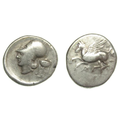 189 - Corinthia, Corinth Stater. Circa 405-345 BC. Silver, 21mm. 8.31g. Pegasus flying l. R. Helmeted head... 