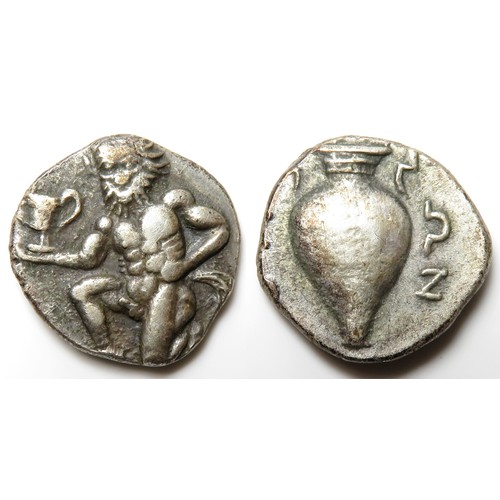 184 - Trihemiobol of Thasos, Thrace. Circa 411-350 BC Silver, 9.8 mm. 0.86 grams. Naked satyr kneeling lef... 