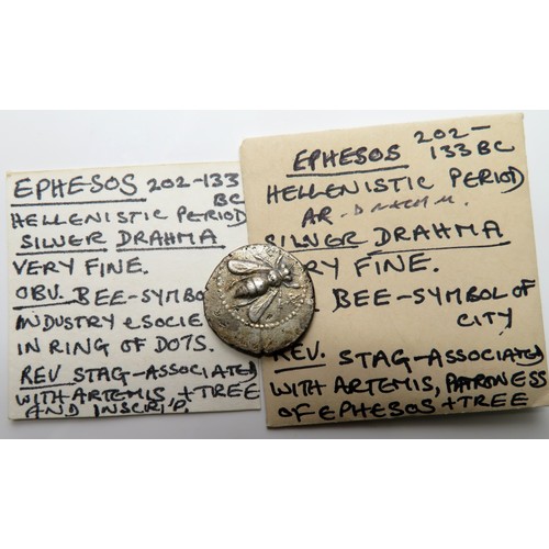 193 - Ephesos Silver Drachm, Helenistic Period, 202-133 BC. 18.9mm. 4.07 grams. A bee, symbol of the city.... 