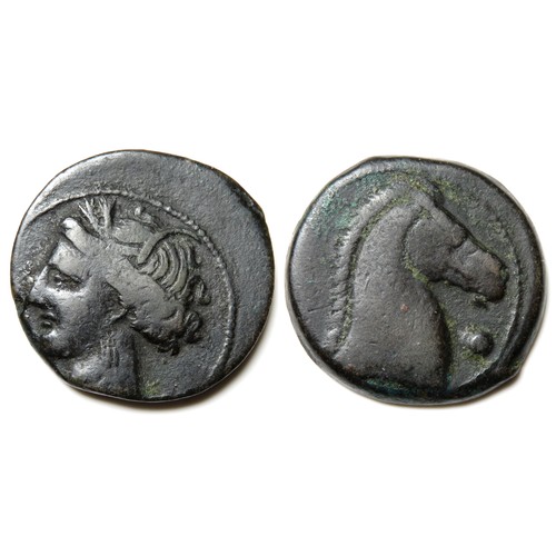 188 - Carthage. Circa 300-264 BC. Æ Shekel?. 20mm. 3.11g. Carthage mint. Wreathed head of Tanit left. R. H... 