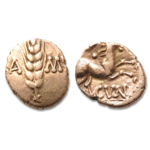 222 - Cunobelin Plastic Type Quarter Stater. Circa 1st century AD. Gold, 1.32g. 11mm. Corn-ear dividing, C... 