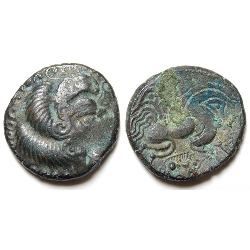 218 - Coriosolitae silver stater. Ogmios & Boar type. Billon, 21mm, 6.36g. Head right. R. Bird-headed ... 