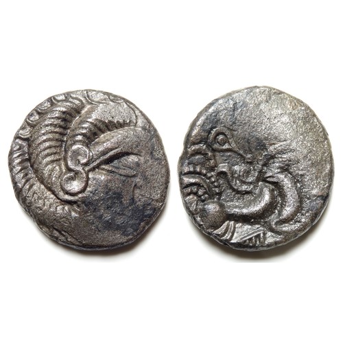 219 - Coriosolitae stater. Ogmios & Boar type. Silver, 20mm, 6.53g. Head right. R. Bird-headed horse r... 