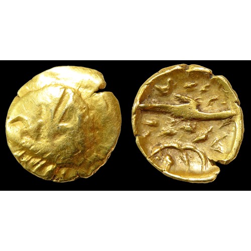 223 - Corieltavi Lincolnshire boat tree gold quarter stater. 14mm, 1.42g. Vestiges of men in boat design. ... 