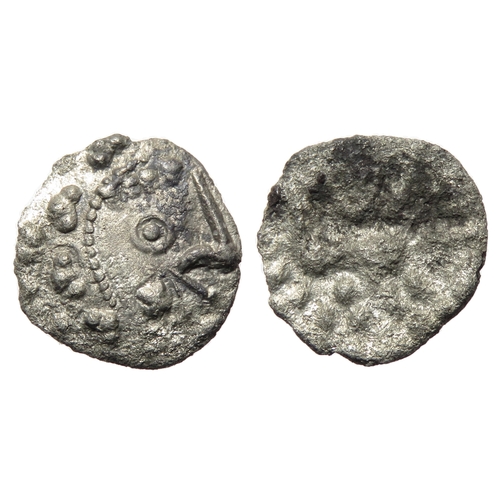 232 - Dobunni silver unit. 13mm, 0.89g. Moon head right, pellet crescents as hair, stalk lips. R. Annulate... 