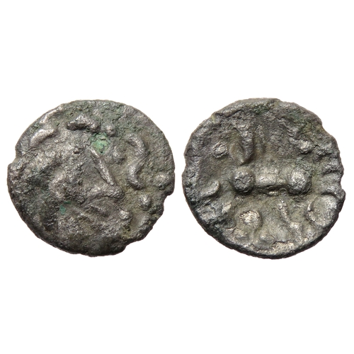 233 - Dobunni silver unit. 13mm, 0.89g. Moon head right, pellet crescents as hair. R. Annulate horse left,... 